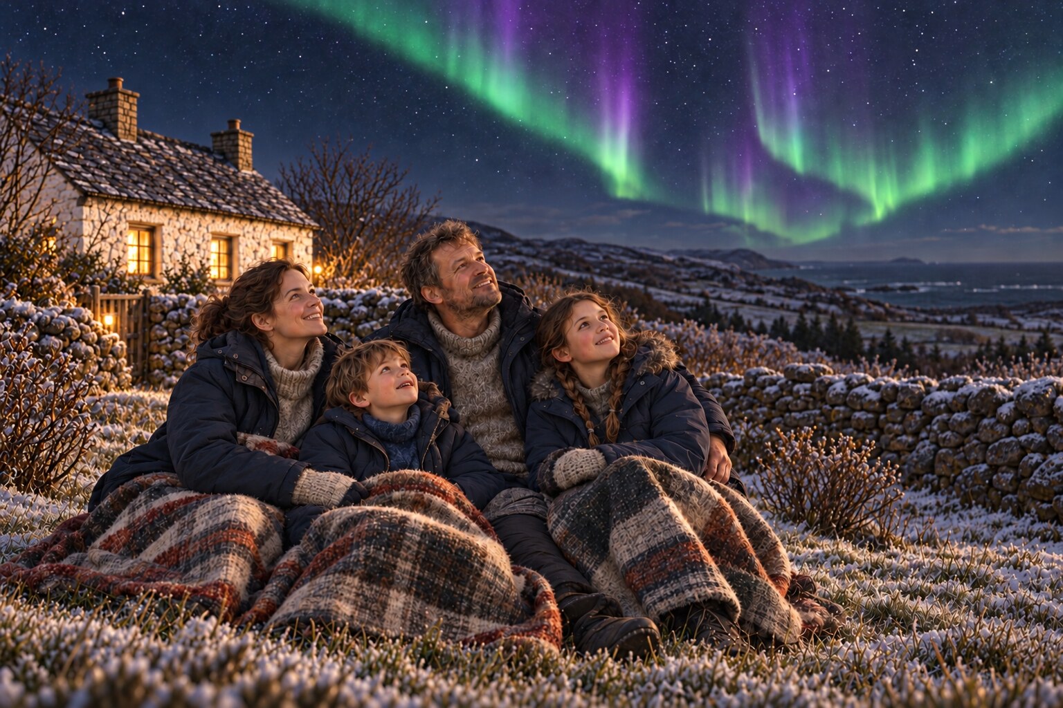 A Tiravellan family bundled beneath wool blankets outside their coastal cottage, looking up at the northern lights