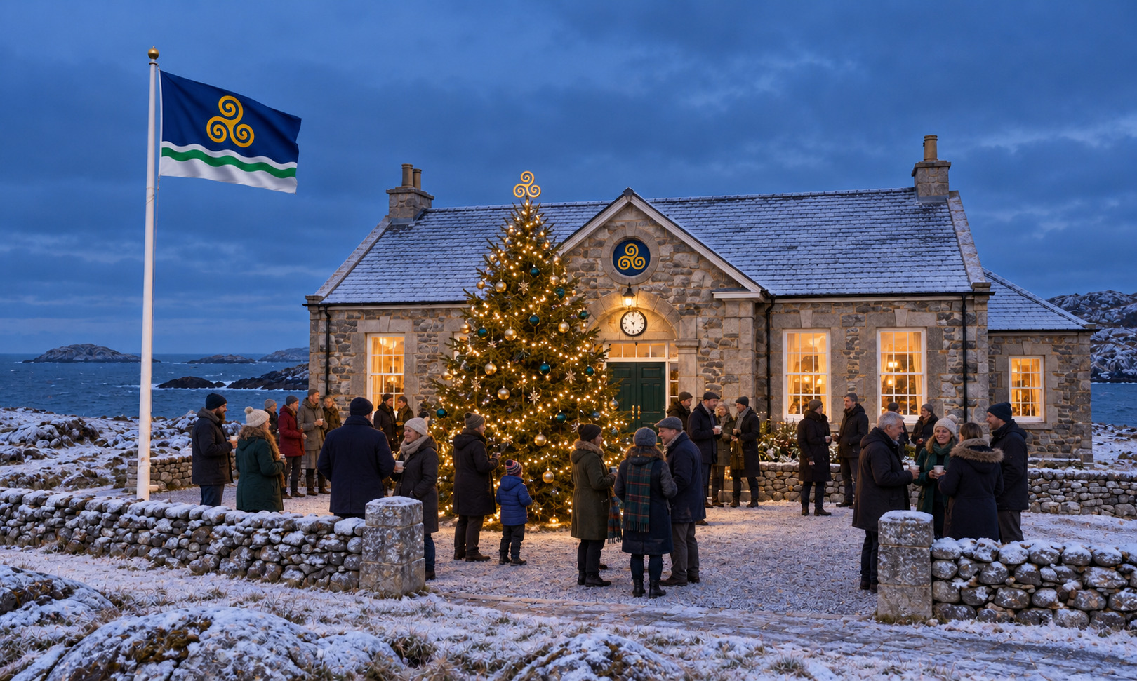 Residents gathered beside the illuminated national Christmas tree outside Government House in Caeravell