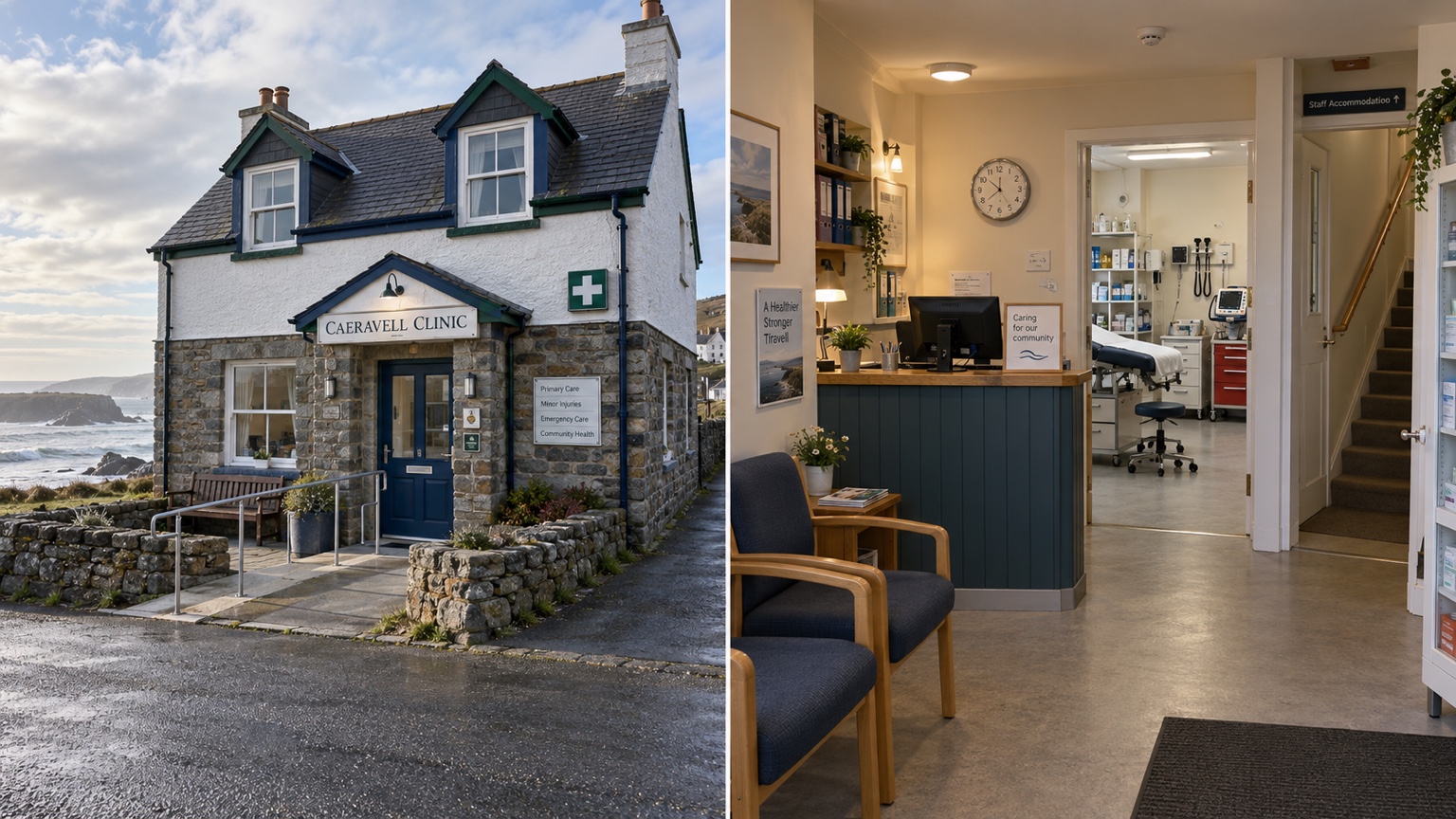 Exterior and interior views of the small Caeravell Clinic and its treatment room