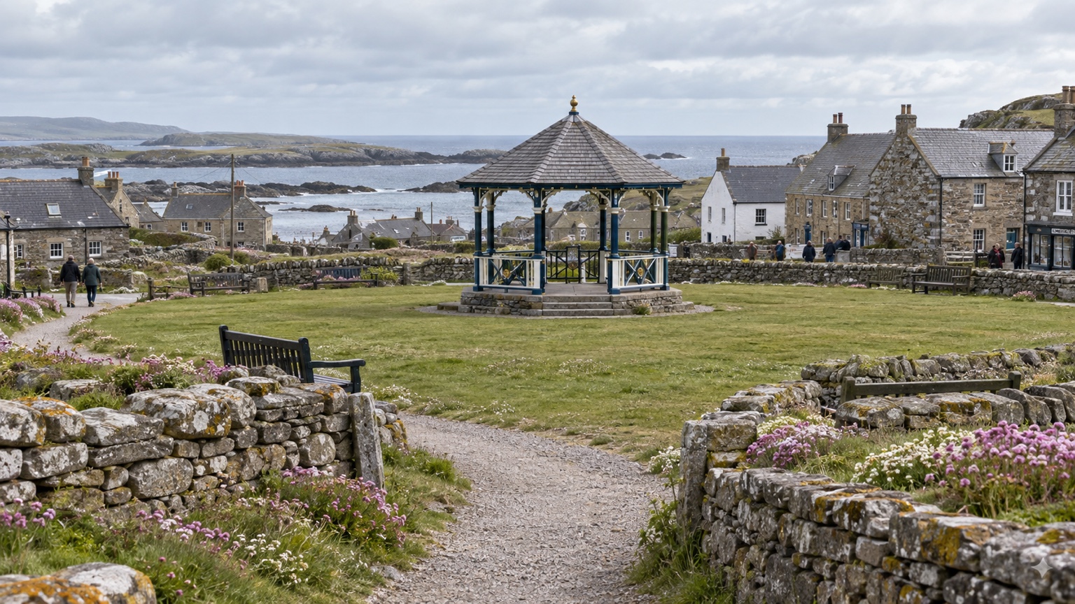 Caeravell's community green and gazebo overlooking the coastal village and sea