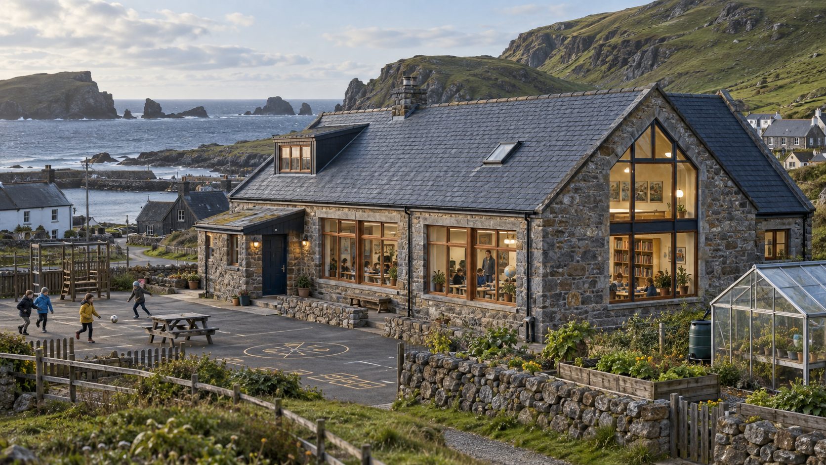 Caeravell Community School, its mixed-age classrooms, playground, library, and teaching garden above the harbour