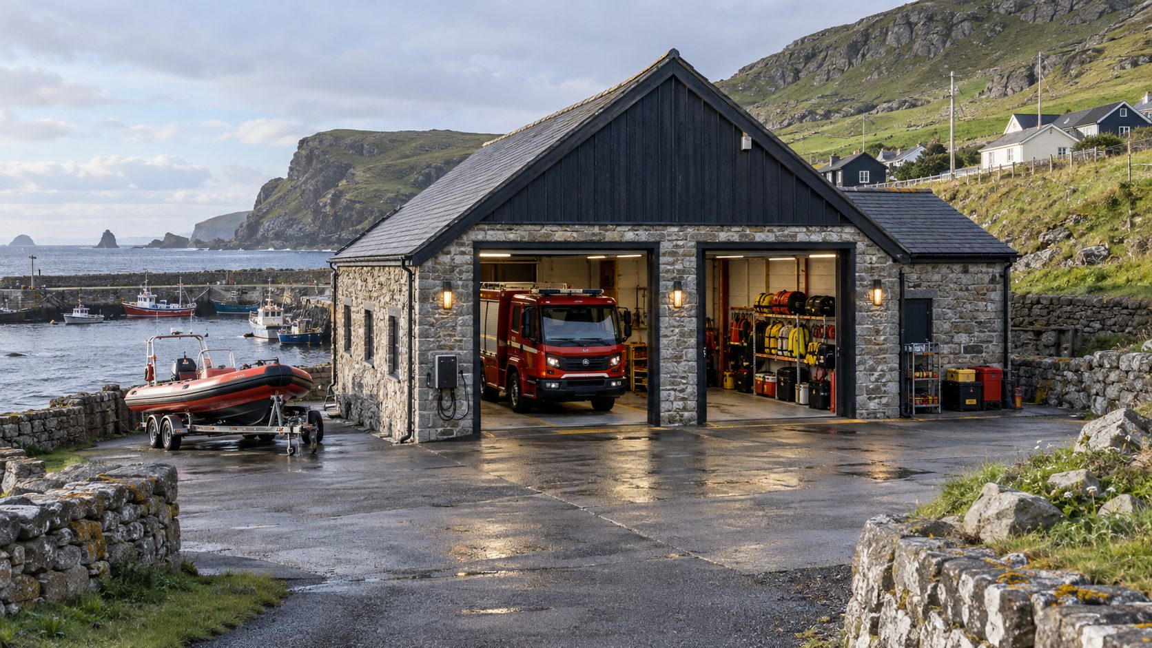 Caeravell Fire and Rescue Station with its compact fire engine and rescue boat