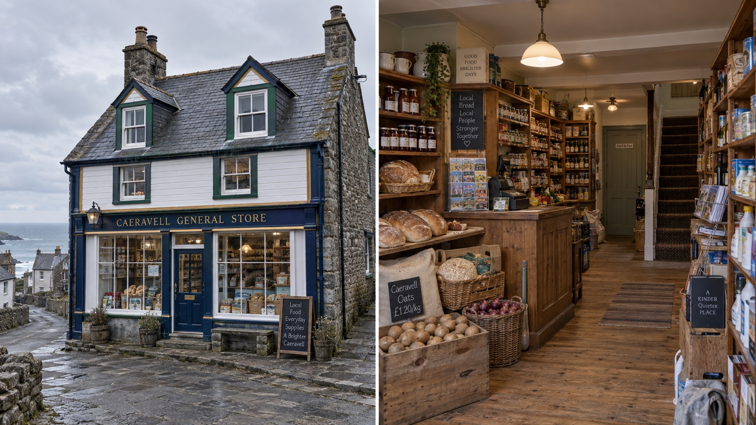 Exterior and interior views of Caeravell General Store, with living accommodation upstairs