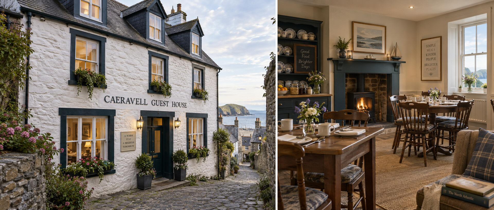 Exterior and breakfast room of the traditional ten-room Caeravell Guest House near the harbour