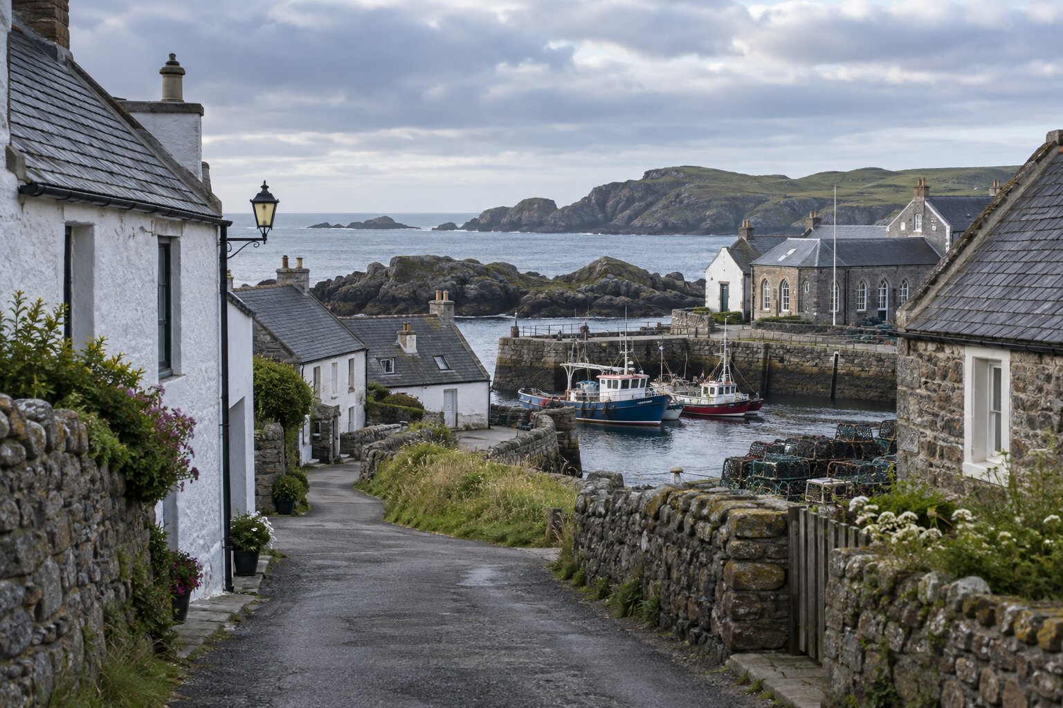 A quiet lane of stone cottages leading to the harbor in Caeravell