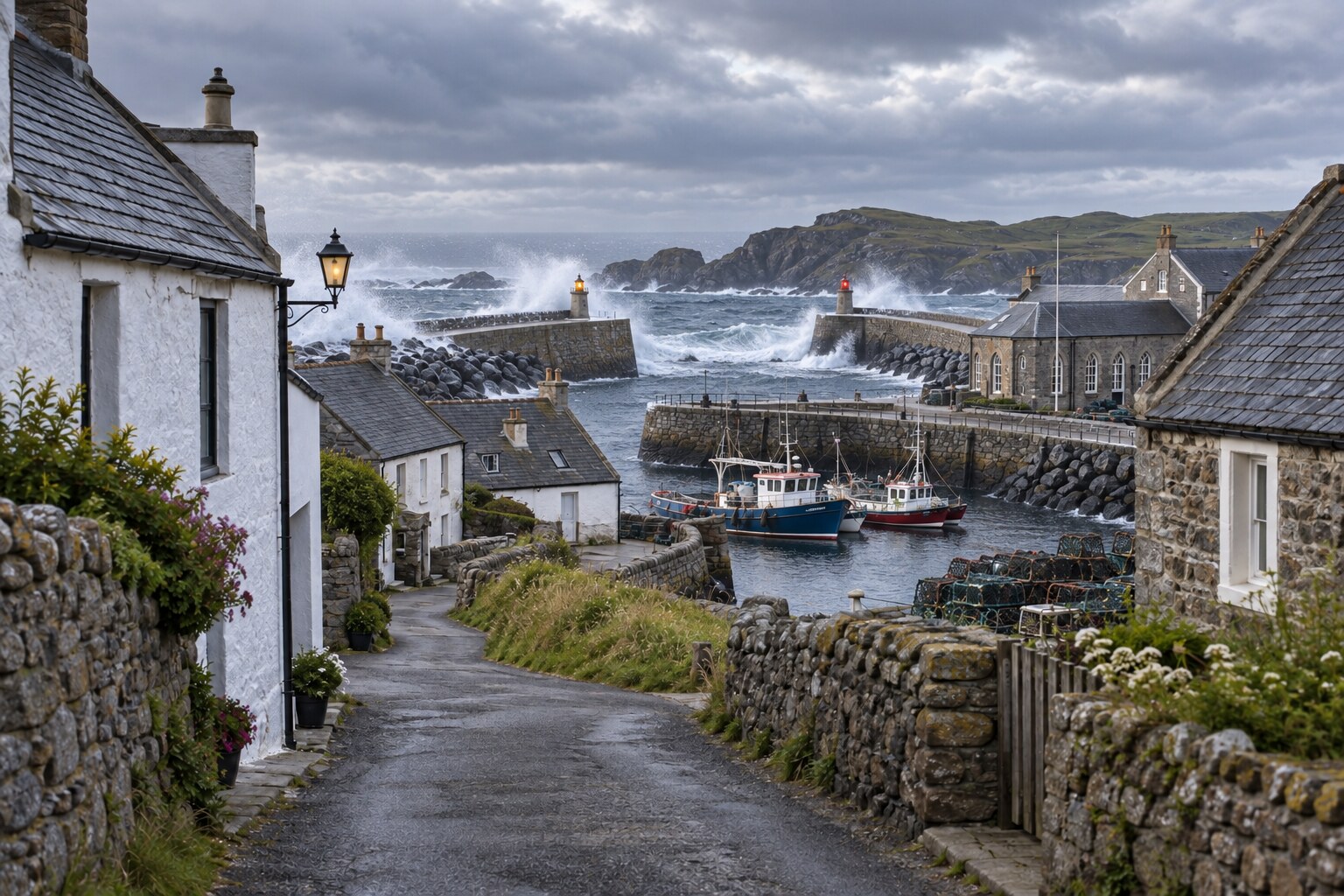 Winter waves breaking against Caeravell Harbour's twin stone breakwaters while fishing boats rest in calmer water inside