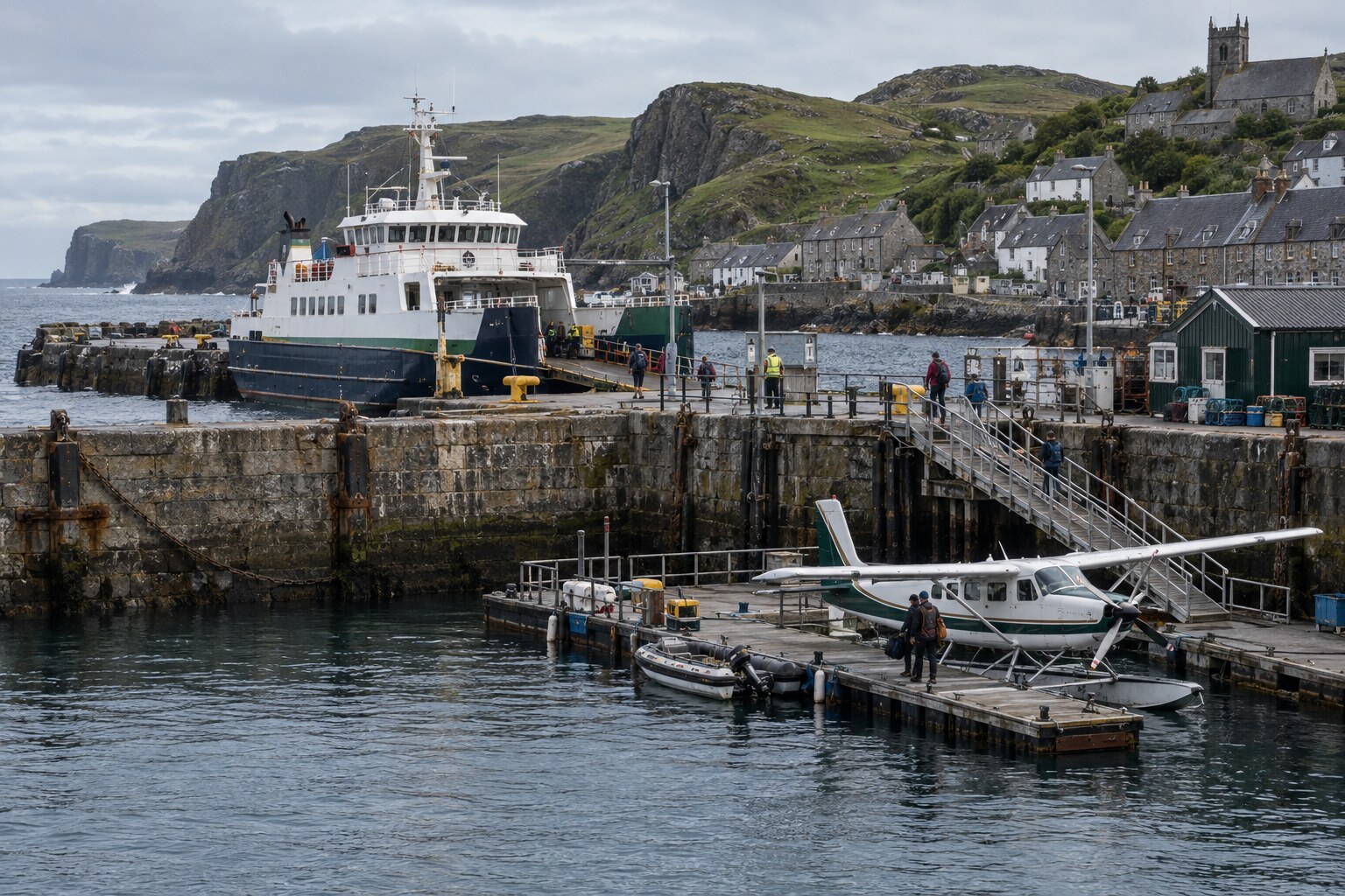 Caeravell's two-level maritime platform with a passenger ferry at the upper berth and a seaplane and small boats at the lower dock