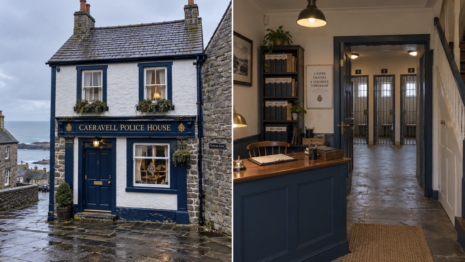 Exterior and interior views of Caeravell Police House, showing its front desk and three small cells