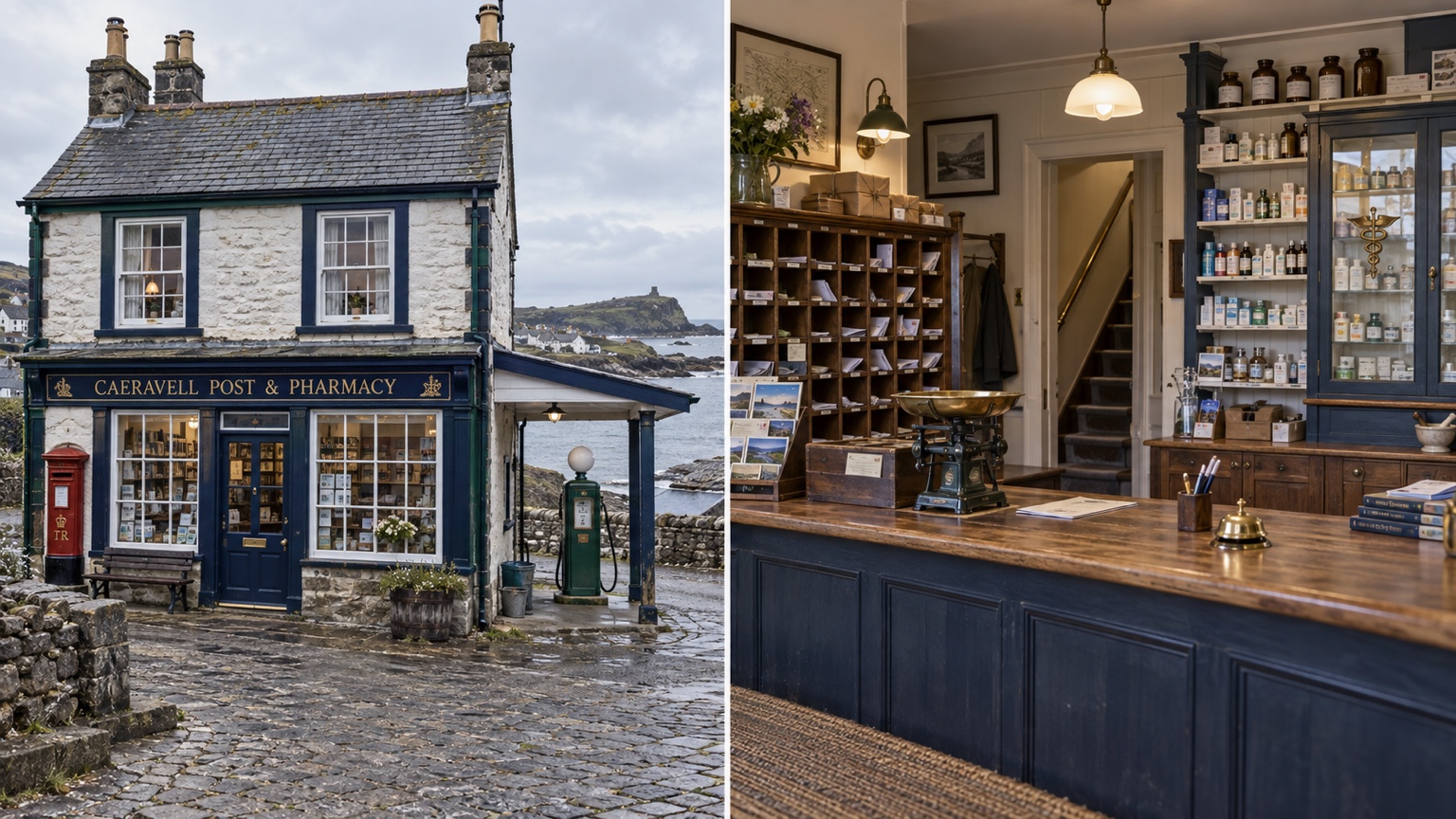 Exterior and interior views of Caeravell Post and Pharmacy, including its single fuel pump