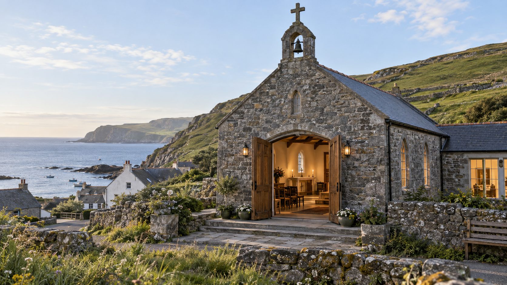 The stone Covenant Chapel and Meeting House overlooking Caeravell and the sea