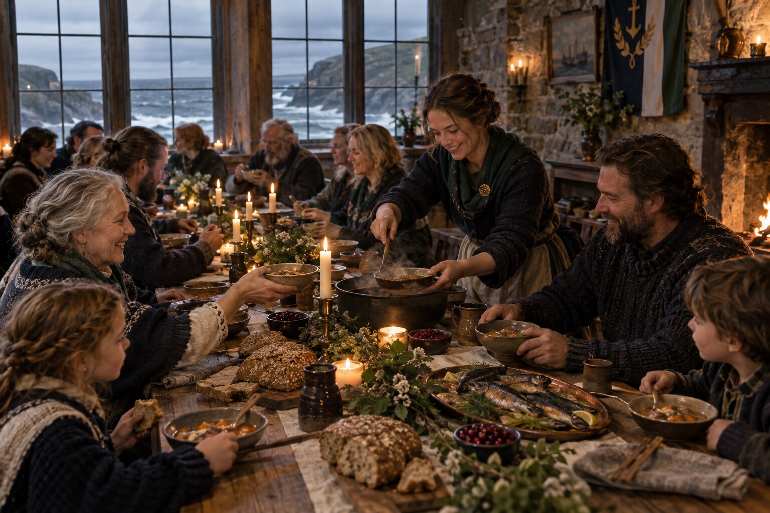 Residents sharing the Tiravellan Day of Shared Thanks around one long communal table