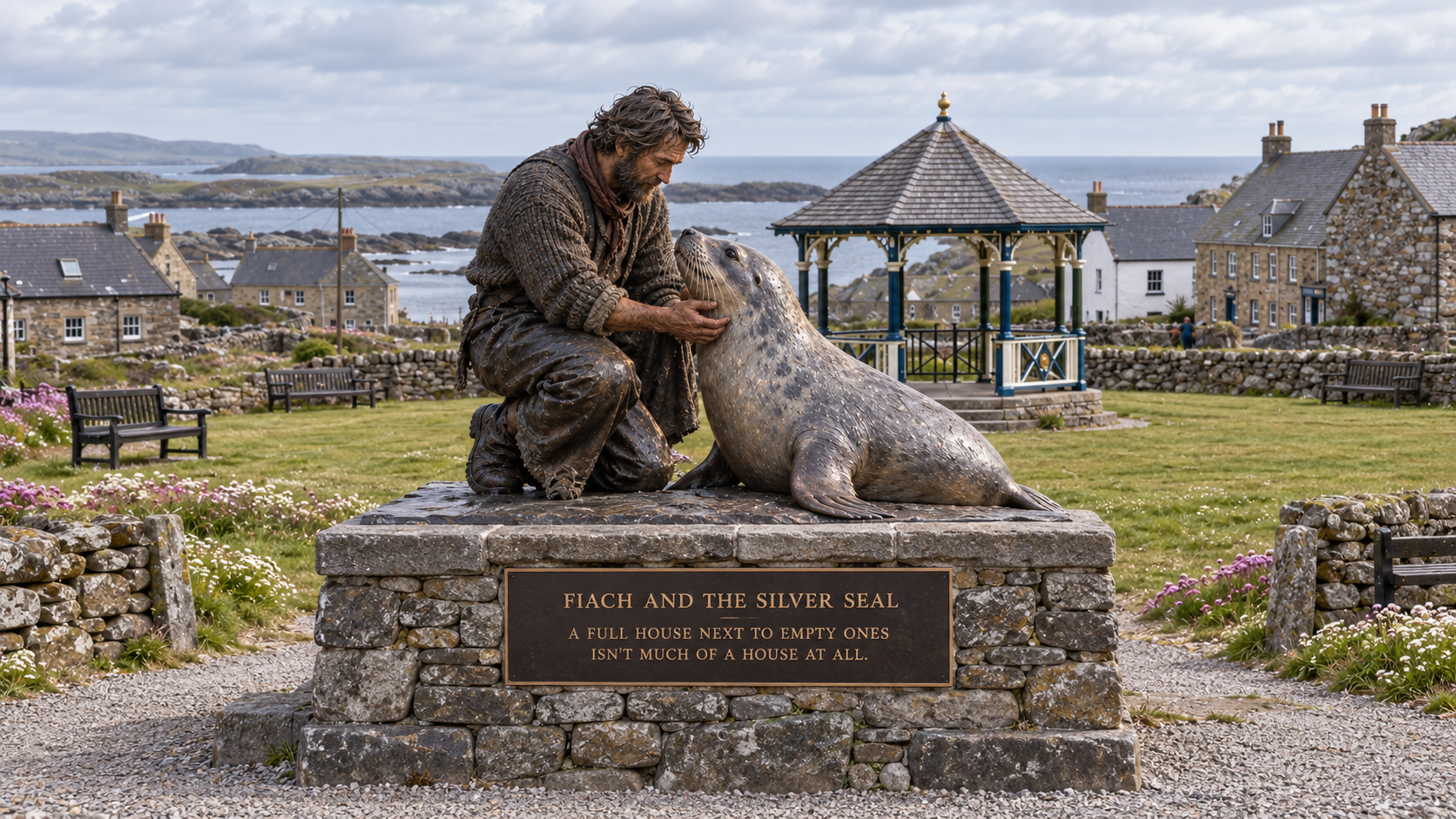 Bronze statue of Fiach the fisherman kneeling beside the silver seal on Caeravell's community green