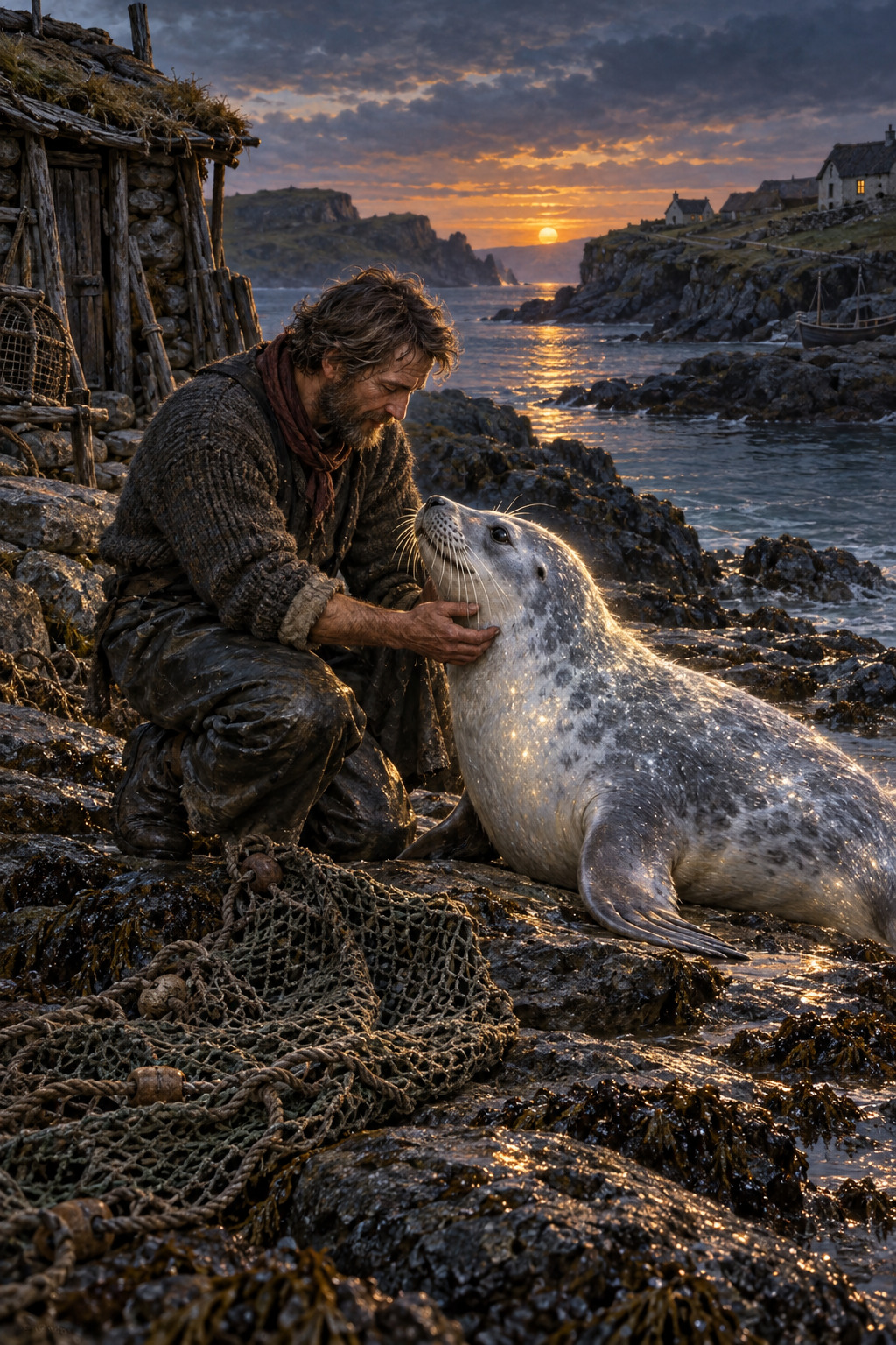 Fiach the fisherman freeing a luminous silver seal from his net in a North Atlantic cove