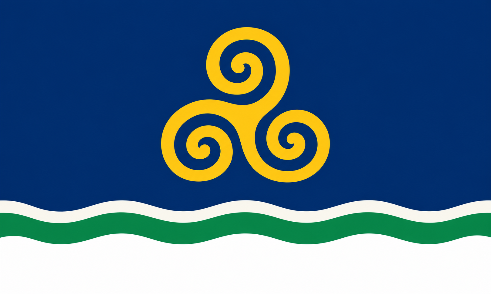 Flag of Tiravell, with navy, white, and green fields and a gold Celtic triskele