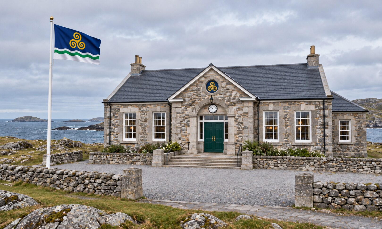 Government House and Court of Tiravell, a modest island civic building beside the North Atlantic