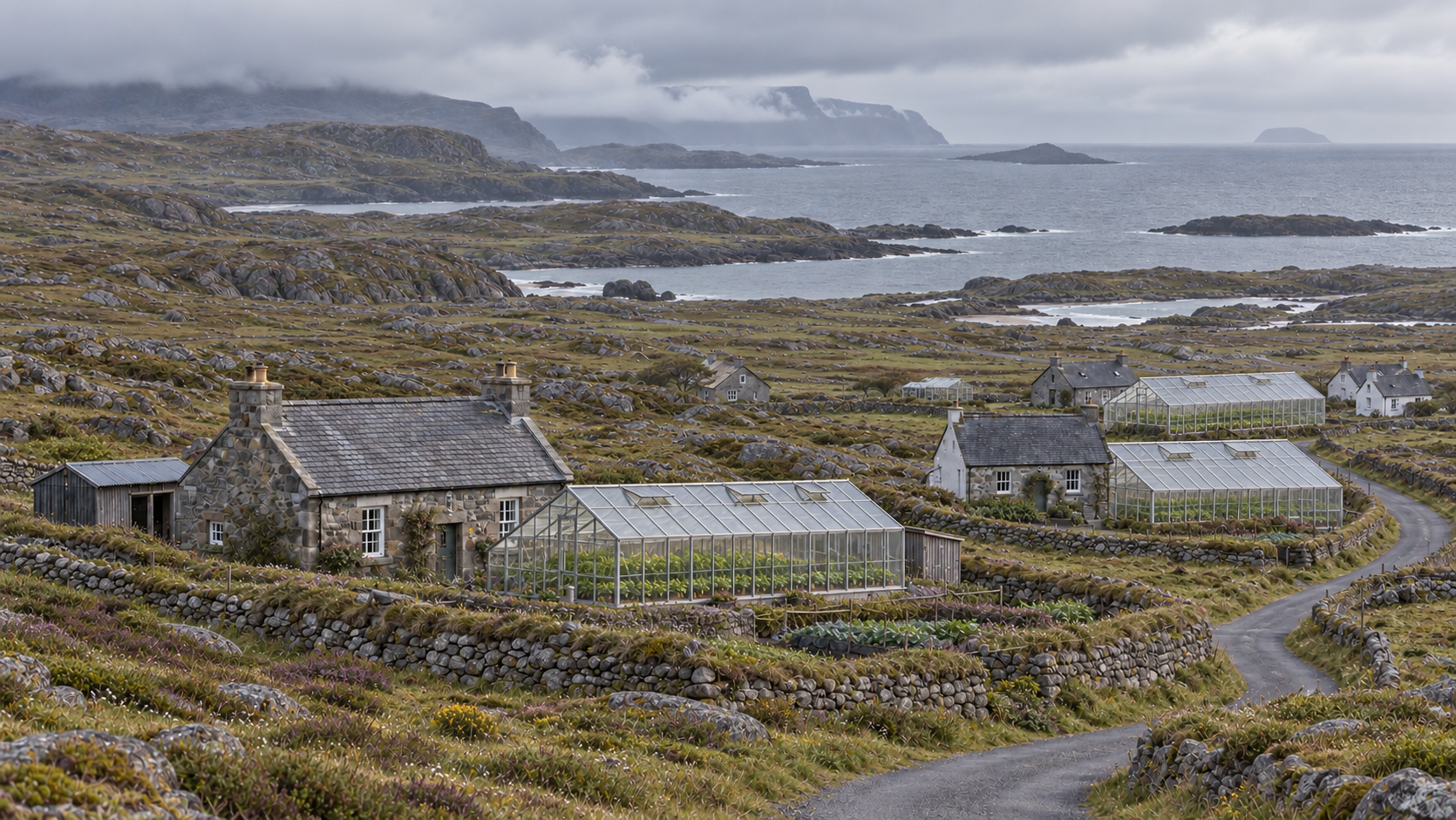 Expanded cooperative farm glasshouses beside scattered stone cottages across Tiravell