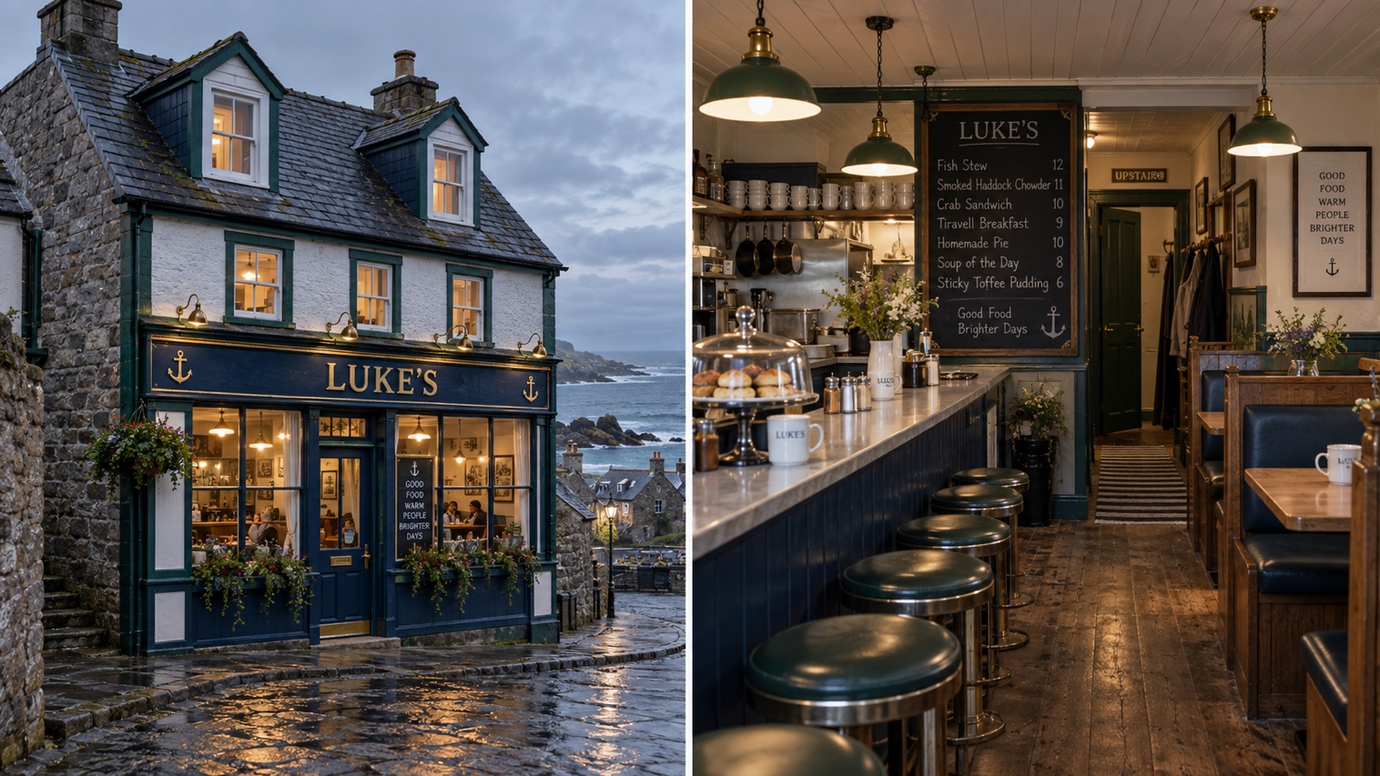 Exterior and interior views of Luke's, Caeravell's only diner, with rooms upstairs
