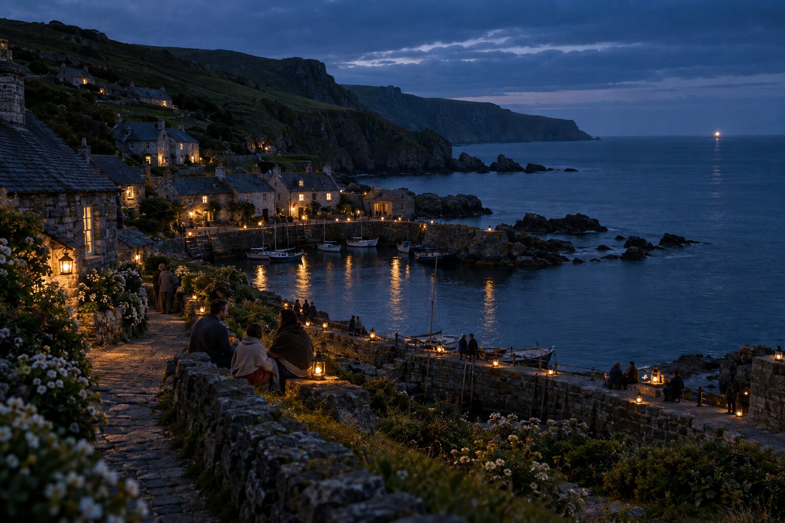 Lamps glowing in windows and along Covenant Cove on the Night of Lamps