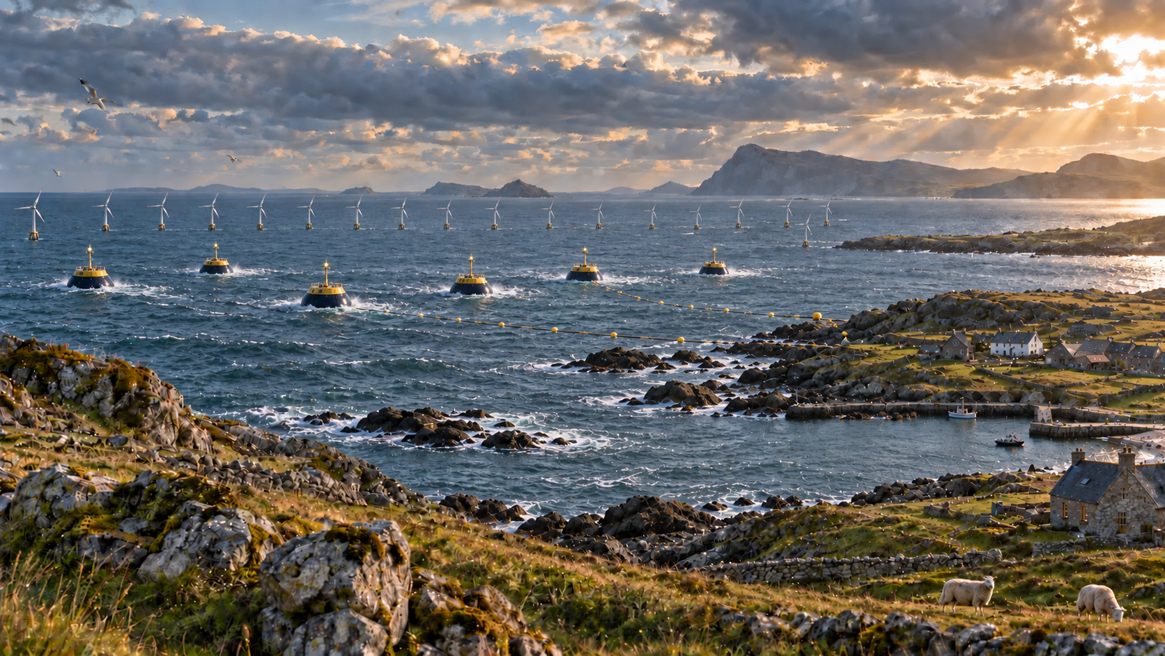 Six anchored wave-energy converters rising and falling with the Atlantic swell beside the Northwest Shoals wind farm