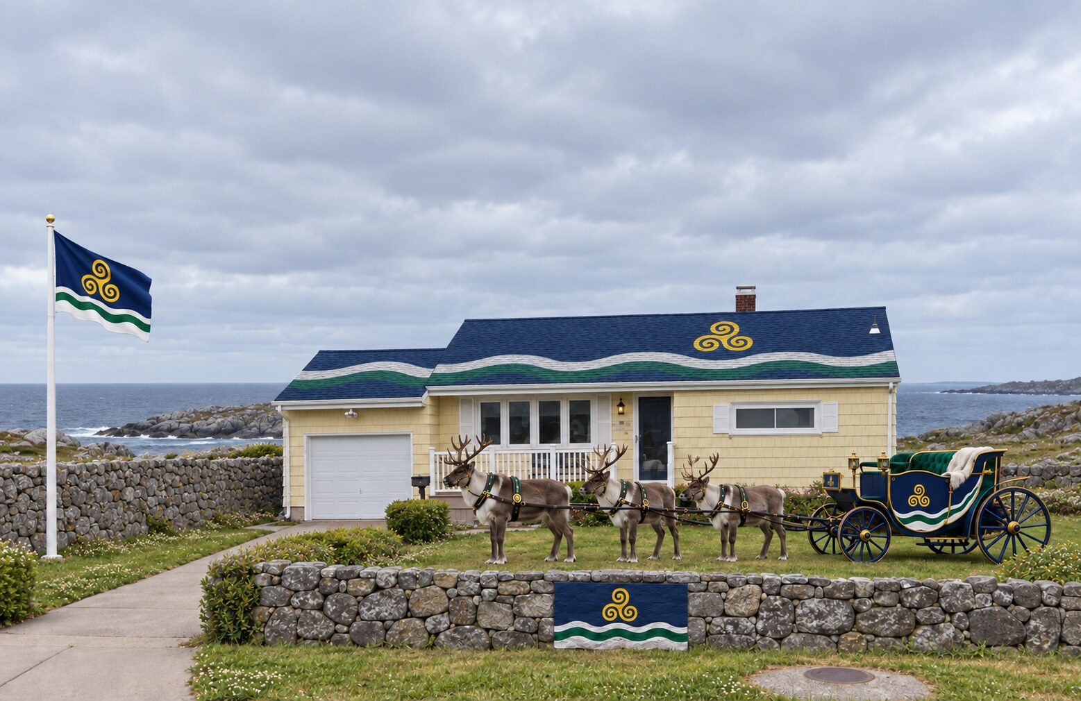 The Royal Home of Tiravell beside the ocean, with a flag-coloured roof, the national flag, a tall stone boundary wall, and reindeer harnessed to the royal carriage