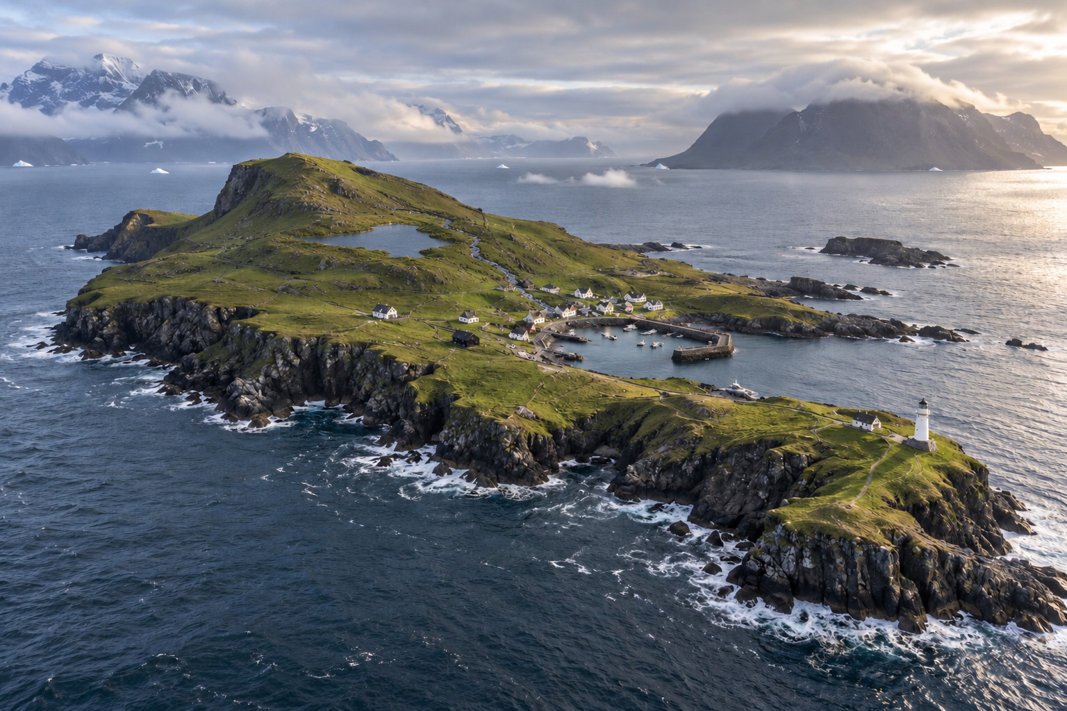 Aerial view of Tiravell's green island, freshwater lake and stream, Caeravell harbour, village, and lighthouse
