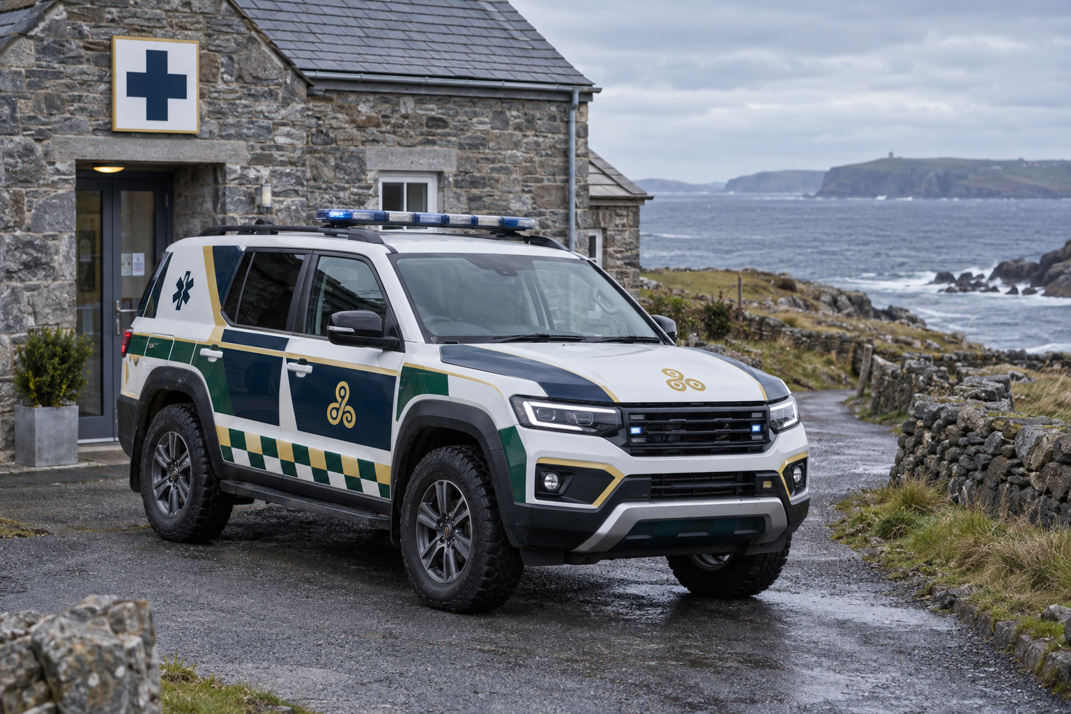 Tiravell's compact all-weather ambulance and medical response vehicle outside the stone clinic beside the sea