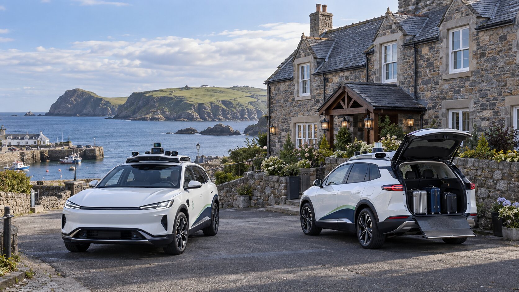 Autonomous electric taxis with roof sensors beside Caeravell Guest House and harbour