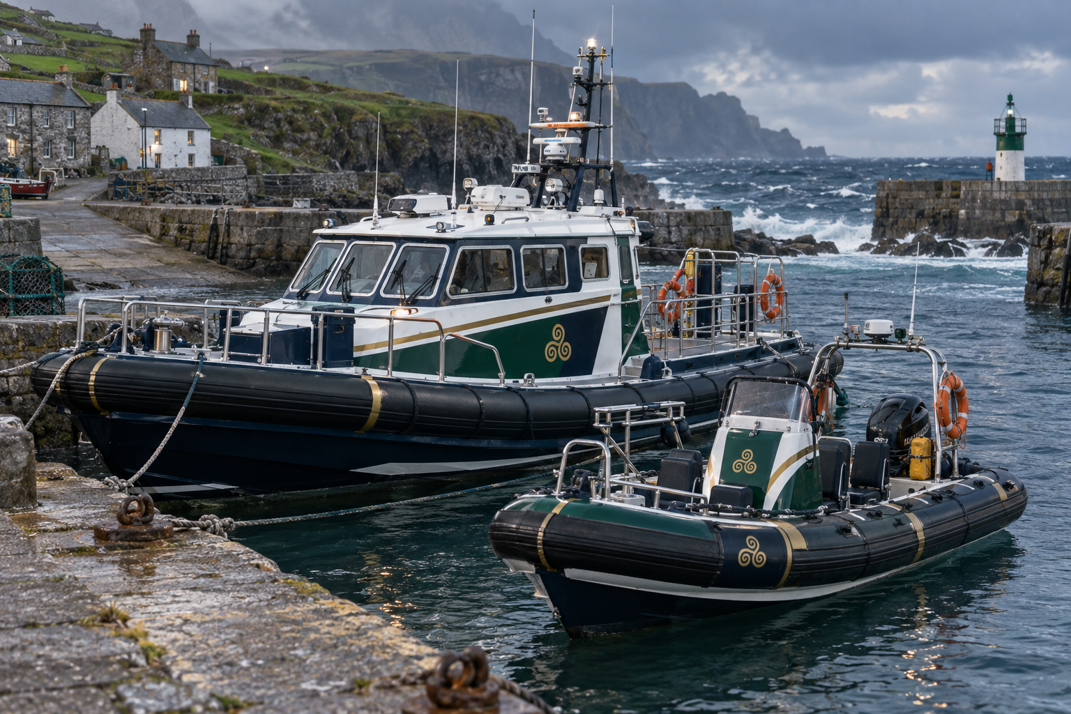 A larger enclosed Tiravell coastal rescue boat and a smaller fast-response rigid-inflatable boat at a protected stone quay