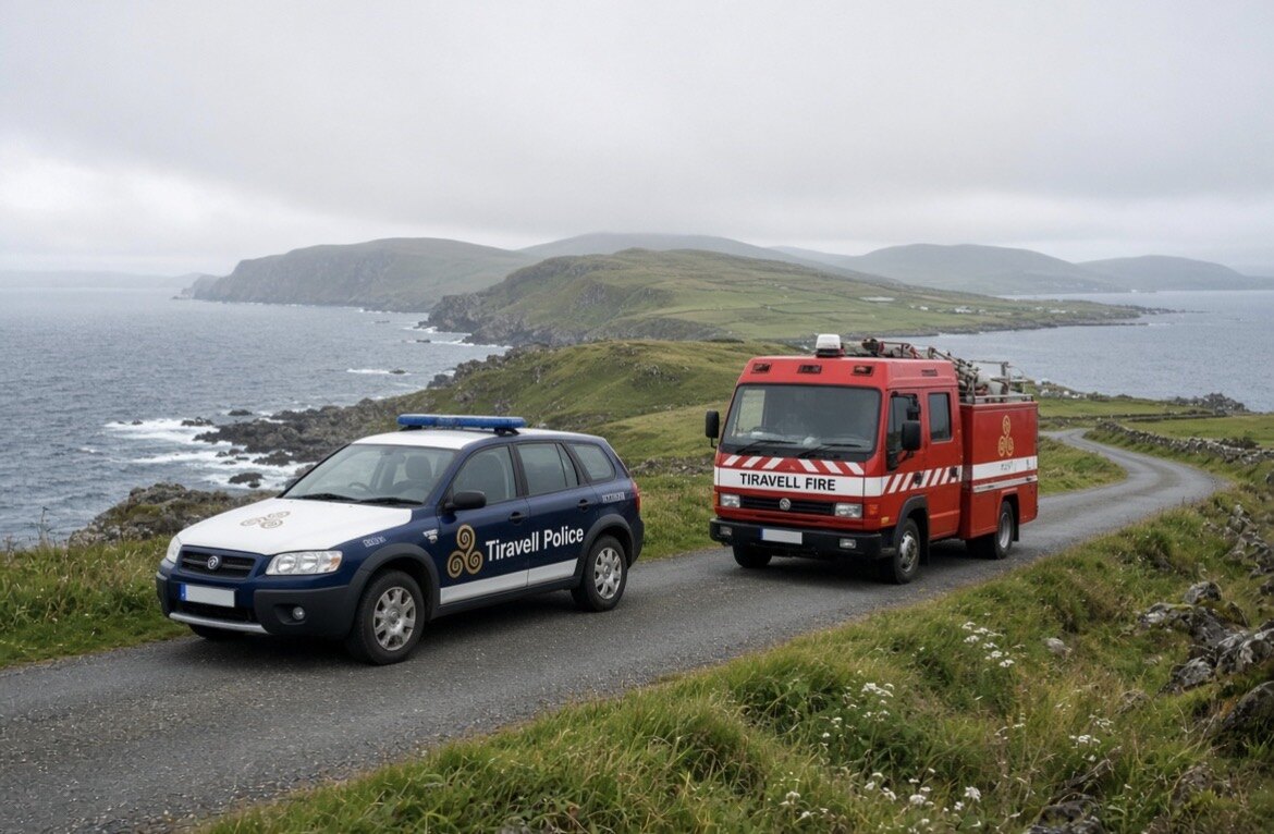 The principal Tiravell Police and Tiravell Fire vehicles travelling together on a coastal island road