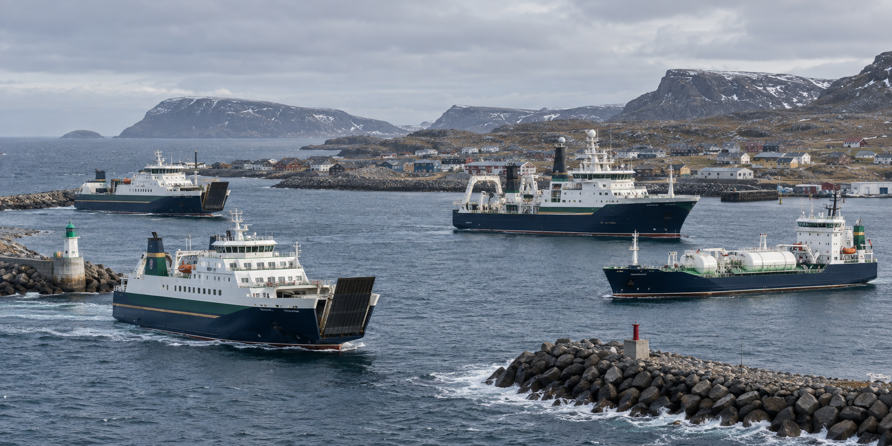 Tiravell's two mixed passenger-and-freight ferries, fisheries and research ship, and green-ammonia export carrier in Caeravell Harbour