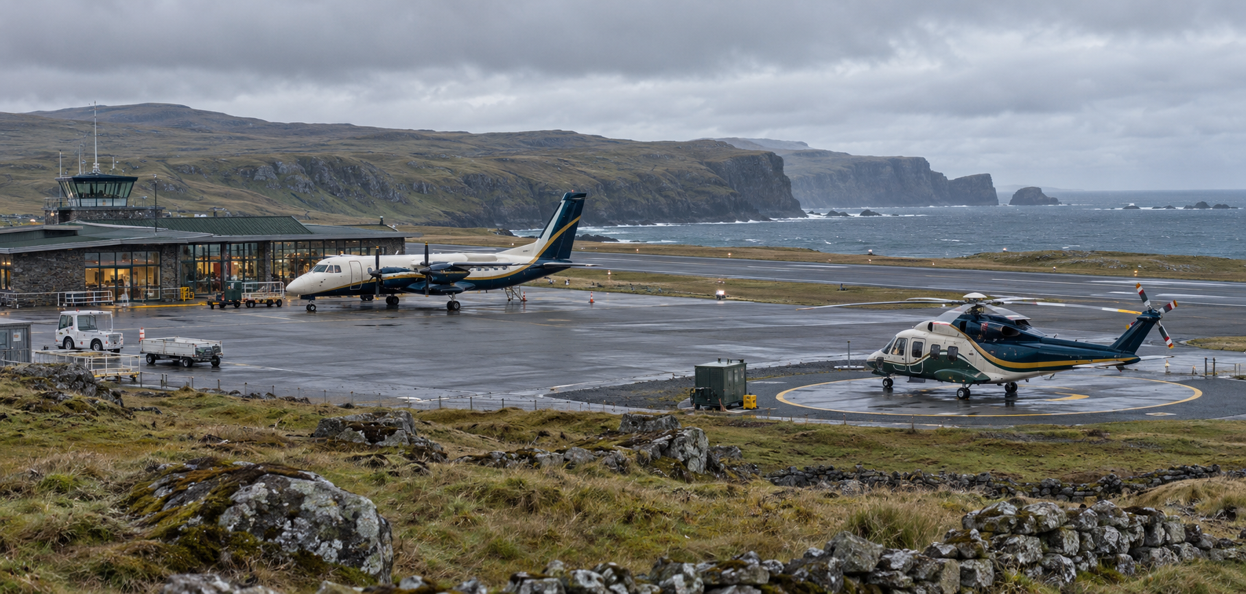 Tiravell Regional Airfield with a twin-engine turboprop, low stone terminal, paved runway, and national search-and-rescue helicopter on its helipad
