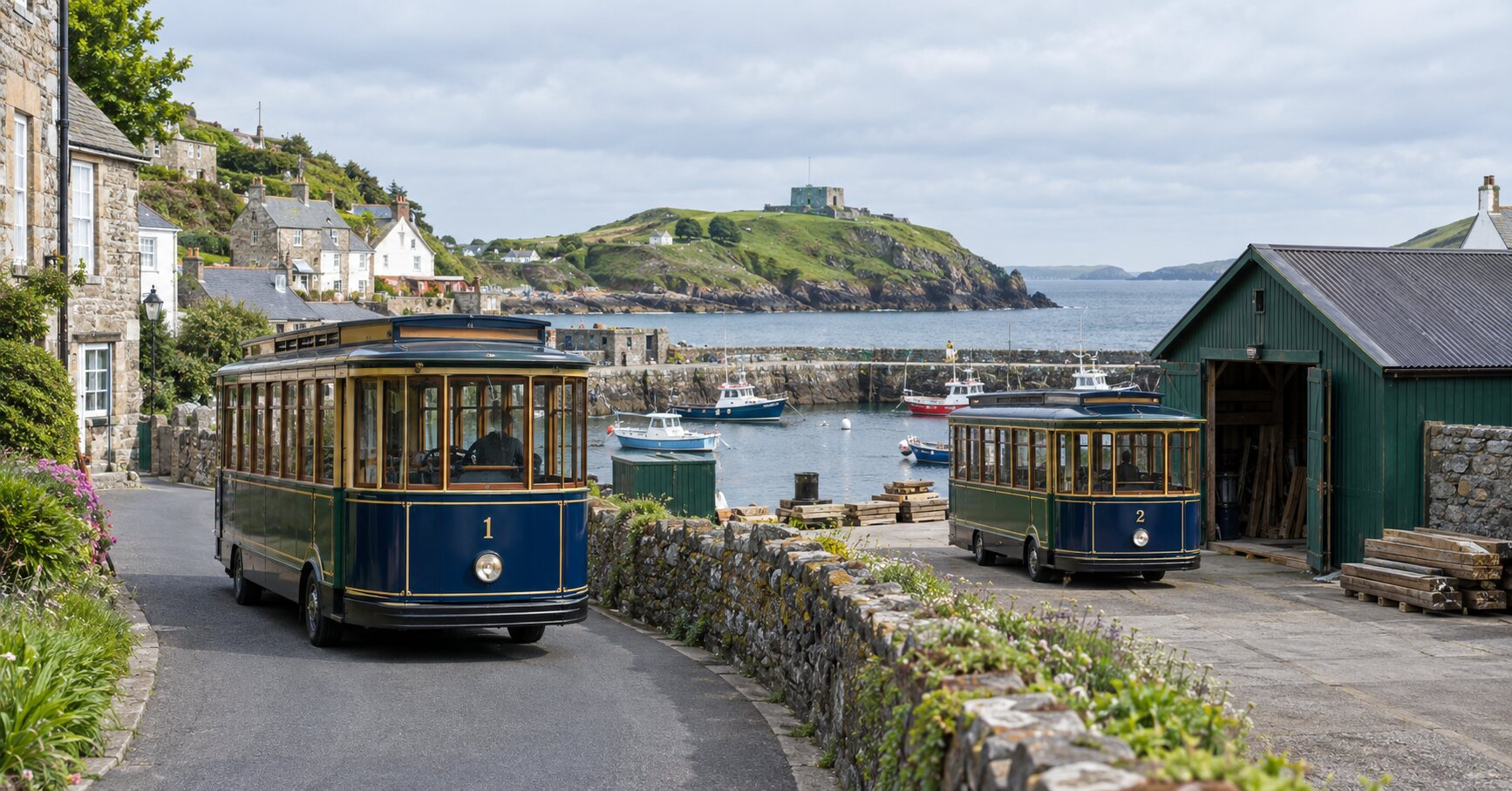 Navy, green, and gold trackless electric trolleys at Caeravell harbour