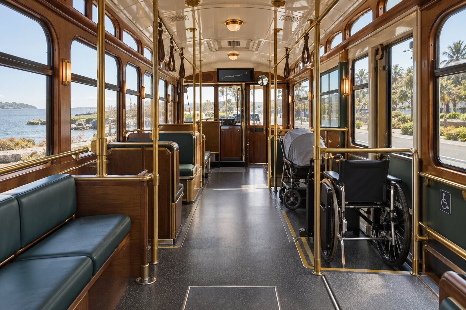 Accessible interior of a Tiravell trolley with warm timber, green seating, a low floor, and wheelchair and pram space