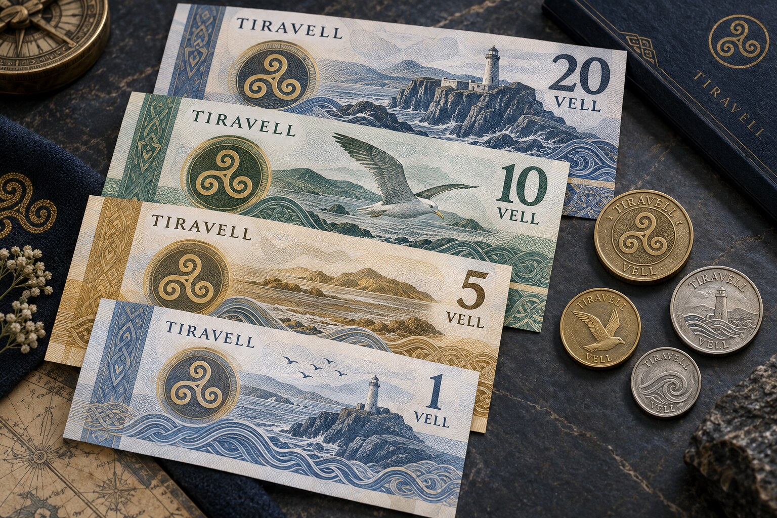 Tiravellan vell banknotes and coins decorated with coastal scenes and the national triskele